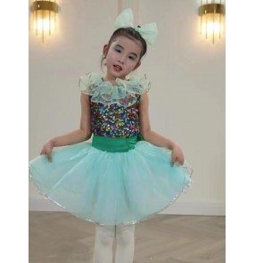 Green sequin Jazz dance princess dress salsa ballet dance costumes tutu skirts for kids toddlers girl kindergarten jazz dance sequin puffy skirt for baby 